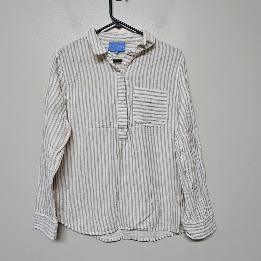 Alice Walk The Striped Organic Cotton Cloud Top Double Gauze Tan‎ White Sz L